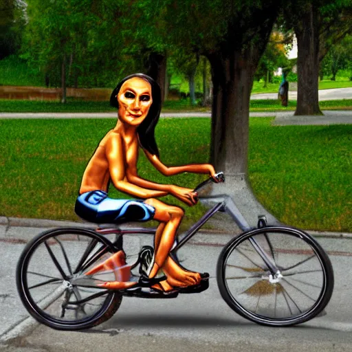 Prompt: the portrait of an alien on a bicycle