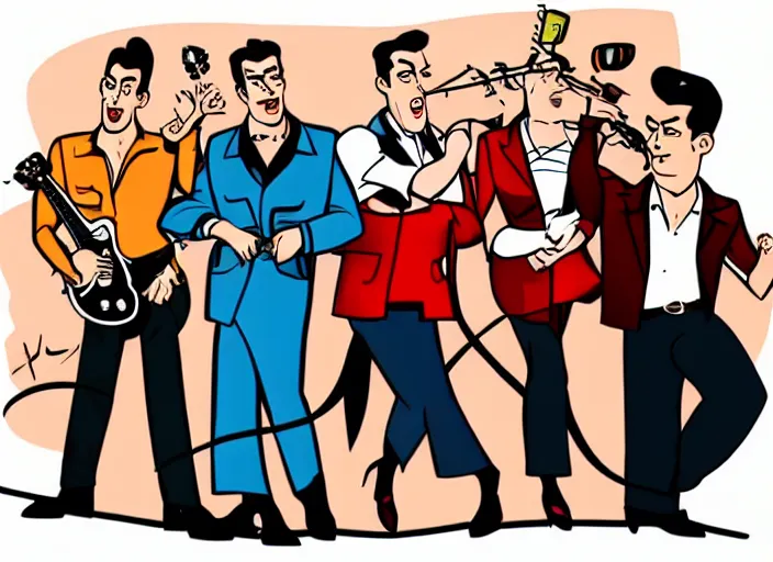 Image similar to rockabilly band in the style of archer cartoon, 1950s