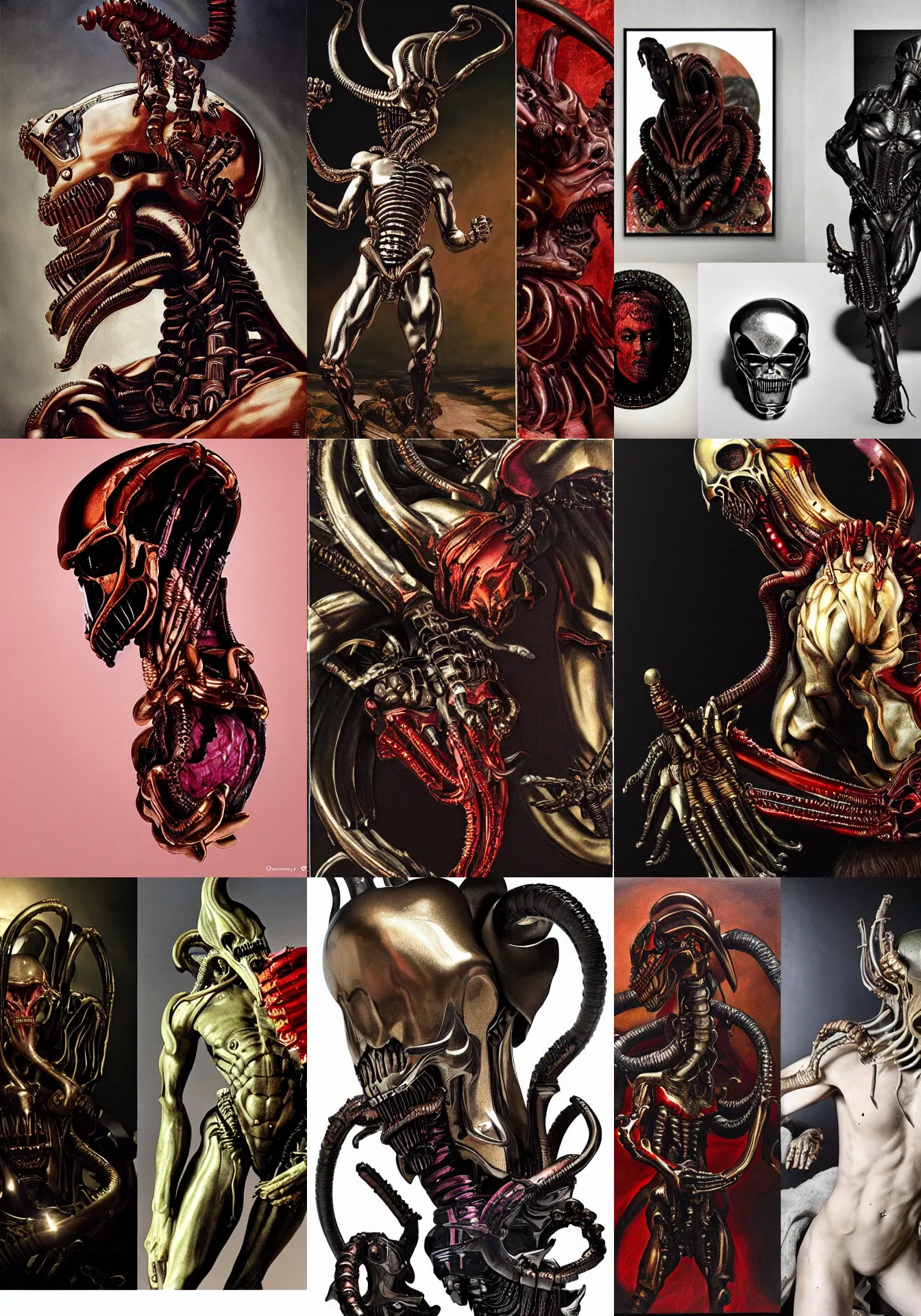 Prompt: doom eternal jewelled xenomorph editorial by alexander McQueen painted by Caravaggio and by Józef Mehoffer by alexander gierymski