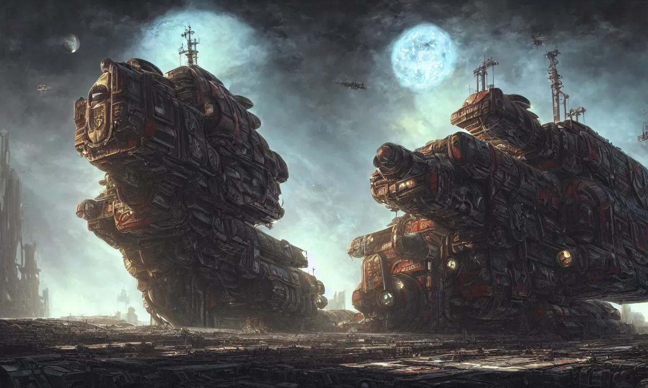 Image similar to a beautiful highly detailed matte painting of a huge derelict cargo starship, Space Hulk, WarHammer 40k by Jose Daniel Cabrera Pena and Leonid Kozienko, concept art