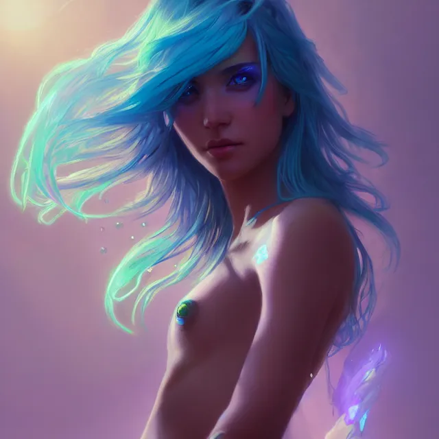 Prompt: artistic portrait of beautiful! female, fantasy setting!, shiny glittery skin, glowing neon blue hair, raytracing, art by artgerm, greg rutkowski and alphonse mucha, artstation, octane render,