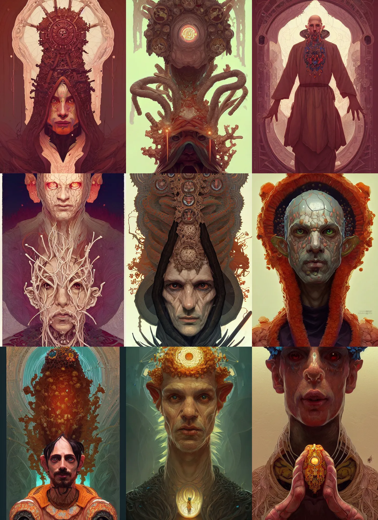 Prompt: symmetry!! rpg! portrait of a weird! fungus priest, intricate, highly detailed, digital painting, artstation, concept art, smooth, sharp focus, illustration, art by ivan albright and conrad roset and aaron jasinski and artgerm and greg rutkowski and alphonse mucha, 8 k