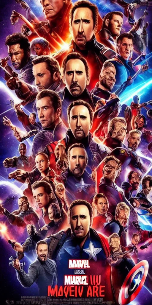 Image similar to a movie poster for a marvel movie but every face is nicolas cage