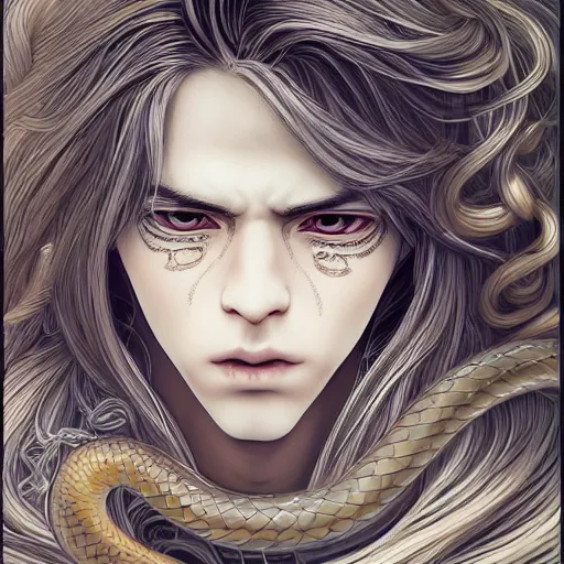 Prompt: the portrait beautiful effeminate man long hair pale cover with white snakes, hyperrealistic anime illustration by kim jung gi, iralki nadar, extremely detailed intricate linework, reflective eyes, smooth, super sharp focus, bright colors, high contrast, matte, octopath traveler, unreal engine 5 highly rendered, global illumination, radiant light, 8 k
