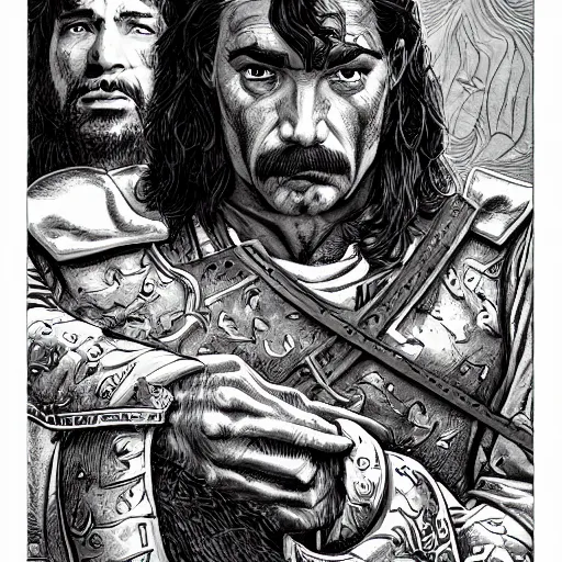 Prompt: precisely drawn illustration of Inigo Montoya blended with Genghis Khan, wide angle, sharp, fine details, French comic style, vibrant realistic colors, full color, heroic fantasy, intense line art, 8k, precise linework, realistic, in the style of Heavy Metal Comics and Richard Corben and Moebius