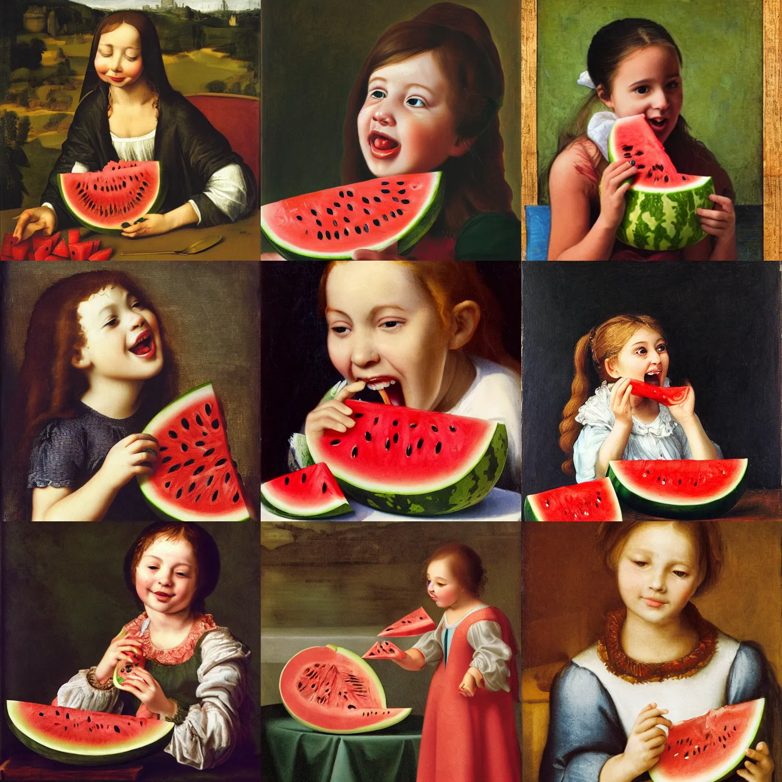 Prompt: a girl eating watermelon happily, renaissance