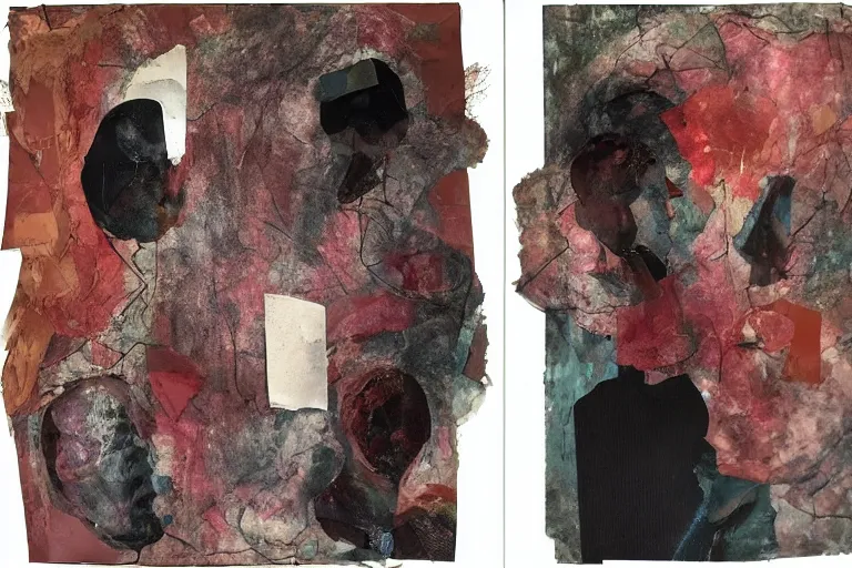 Image similar to Two still figures facing camera, They are emotional. Chaotic, glitch art aesthetic, collage folded, ethereal painting in the style of Francis Bacon