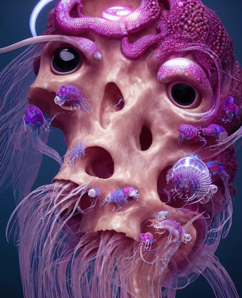 Image similar to goddess princess face close-up portrait ram skull. jellyfish phoenix head, nautilus, orchid, skull, betta fish, bioluminiscent creatures, intricate artwork by Tooth Wu and wlop and beeple. octane render, trending on artstation, greg rutkowski very coherent symmetrical artwork. cinematic, hyper realism, high detail, octane render, 8k