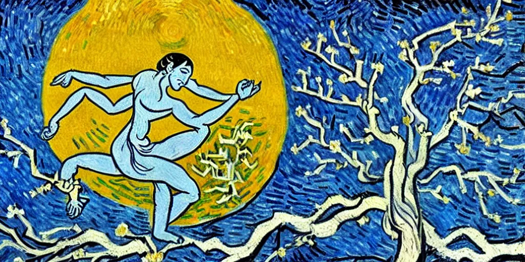 Image similar to nataraja dancing in a winter birch grove and raising snow clouds during a solar eclipse painted in the style of van gogh