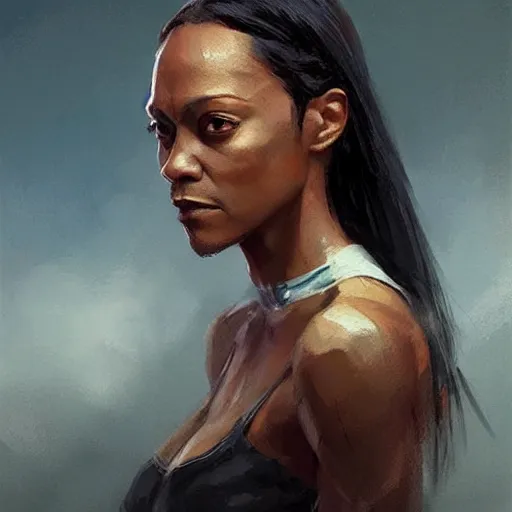 Image similar to “ portrait of zoe saldana by greg rutkowski, young, attractive, highly detailed portrait, scifi, digital painting, artstation, concept art, smooth, sharp foccus ilustration, artstation hq ”