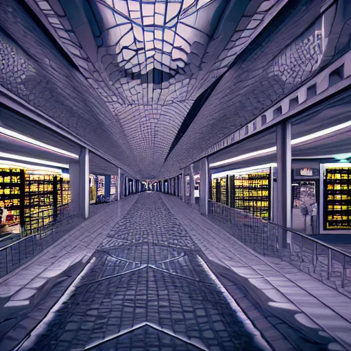 Image similar to hyperrealism computer simulation visualisation of parallel universe mall in surreal scene from art house movie from future by caravaggio rendered in mandelbulb 4 d and blender and octane render