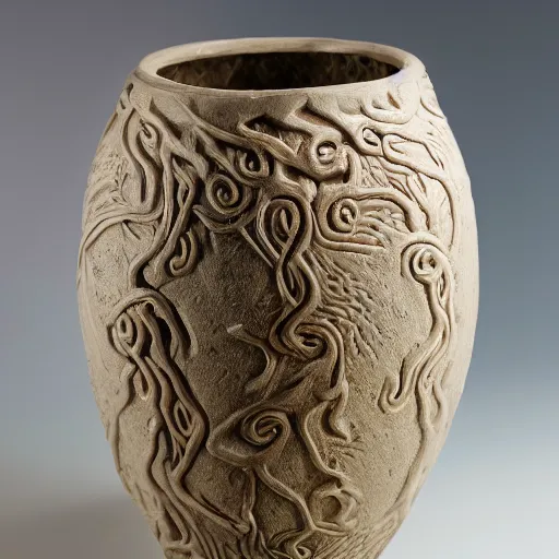 Image similar to the yggdrasil multiverse vase. highly detailed carving on southern ice porcelain, partially glazed, woodfired, 85mm dslr art gallery photo