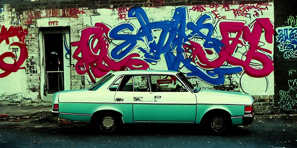 Prompt: bronx, gang in the 7 0 s car, closeup graffiti on the wall, coloured film photography, 3 5 mm film, bruce davidson photography, willy spiller photography