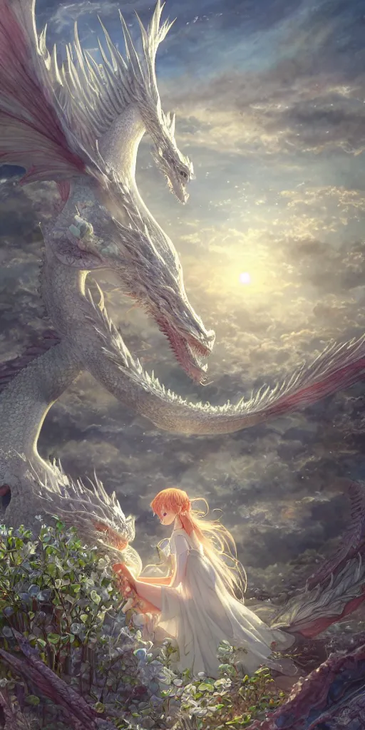 Image similar to the beautiful hyper detailed scene render that a lonely beautiful girl lies in the arms of a huge silver white dragon alone in fairyland surrounded by white clouds, finely detailed angelic face delicate features, style of studio ghibli, makoto shinkai, raphael lacoste, louis comfort tiffany, artgerm, james jean, ross tran, animation style, hd, ultra wide angle