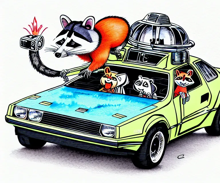 Image similar to cute and funny, racoon wearing a helmet riding in a tiny silver color hot rod dmc delorean with oversized engine, ratfink style by ed roth, centered award winning watercolor pen illustration, isometric illustration by chihiro iwasaki, edited by range murata, details by artgerm, full picture