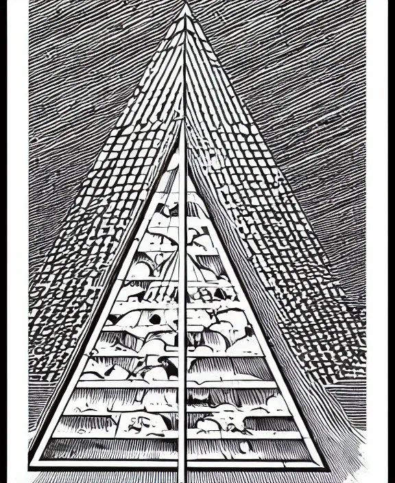 Prompt: realistic space mothership in the shape of pyramid with book tractor beam on white background, art by james o barr and albrecht durer, woodblock print, engraved, black and white, vector, vector art