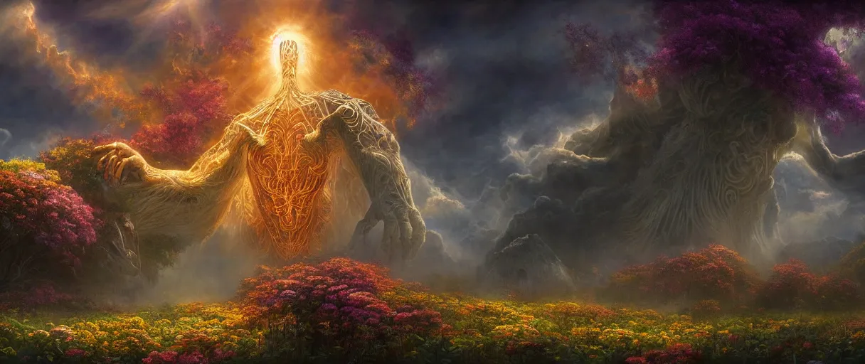 Image similar to A terrifying giant monster made of flowers, beautiful atmosphere, god rays, masterpiece digital painting by Alex Grey, Greg Rutkowski, 4k wallpaper