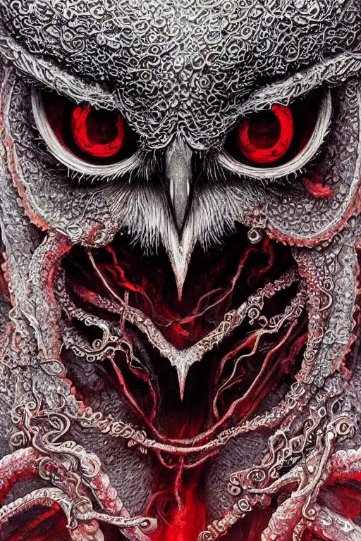 Image similar to realistic portrait of beautifully crystalized and detailed portrait of a eyeless owl, tentacles, tendrils, eldritch, matte painting of cinematic movie scene red dragon, horror, created by gustave dore and greg rutkowski, high detailed, smooth draw, synthwave neon retro, intricate, realistic proportions, dramatic lighting, trending on artstation.