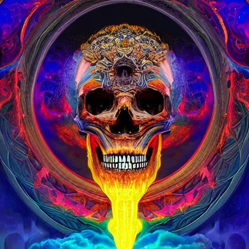 Prompt: gigantic skull of evil cosmic flames, perfect symmetry, mandala, fantasy painting, ultra realistic, wide angle, art nouveau, intricate details, digital painting, rainbowshift, vivid colors, highly detailed by peter mohrbacher, h. r. giger, maxfield parrish, craig mullins, octane render, cgi