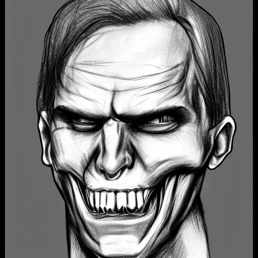 Image similar to Jerma985 with a cheek to cheek smile, sinister looking, evil intent, horror, uncanny, detailed, high resolution, sharpened, close-up, police sketch, wanted poster, pencil sketch, drawing, creepy, frightening