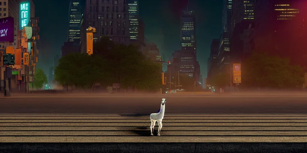 Image similar to a llama walking through a desolate manhattan city street at night, statue of liberty seen in the background, realistic 4 k octane beautifully detailed render, 4 k post - processing, highly detailed, detailed face, intricate complexity, epic composition, magical atmosphere, cinematic lighting, masterpiece, color picture, ultra hd