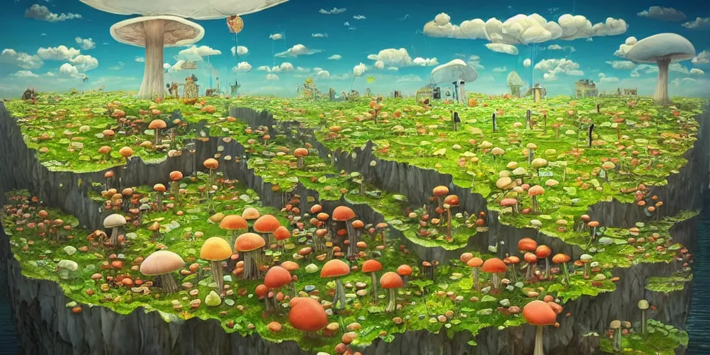 Image similar to surreal mushroom kingdom, floating island in the sky, waterpipes in the ground, summer morning, very coherent and colorful high contrast, art by!!!! gediminas pranckevicius!!!!, geof darrow, dark shadows, hard lighting