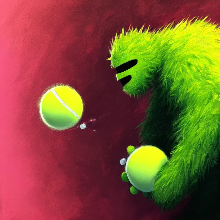 Image similar to cinematic portrait of a cute tennis ball monster in the abyss of space, chalk, masterpiece, trending on artstation, featured on pixiv, cinematic composition, dramatic pose, beautiful lighting, sharp details, hyper-detailed, HD, HDR, 4K, 8K, art by Basil Gogos