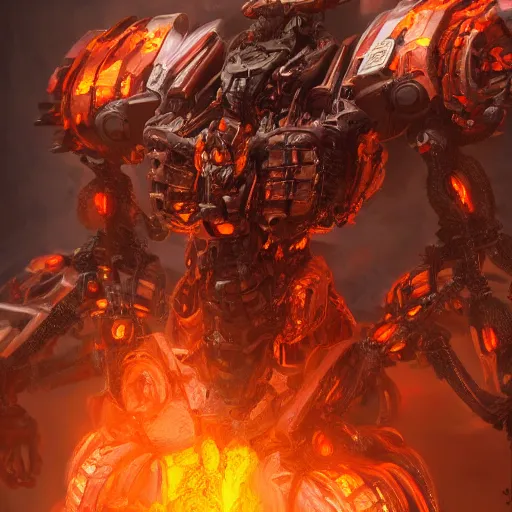 Prompt: an inferno mech from hell, au naturel, hyper detailed, digital art, trending in artstation, cinematic lighting, studio quality, smooth render, unreal engine 5 rendered, octane rendered, art style by klimt and nixeu and ian sprigger and wlop and krenz cushart