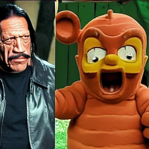 Image similar to Danny Trejo with machete appears in teletubbies