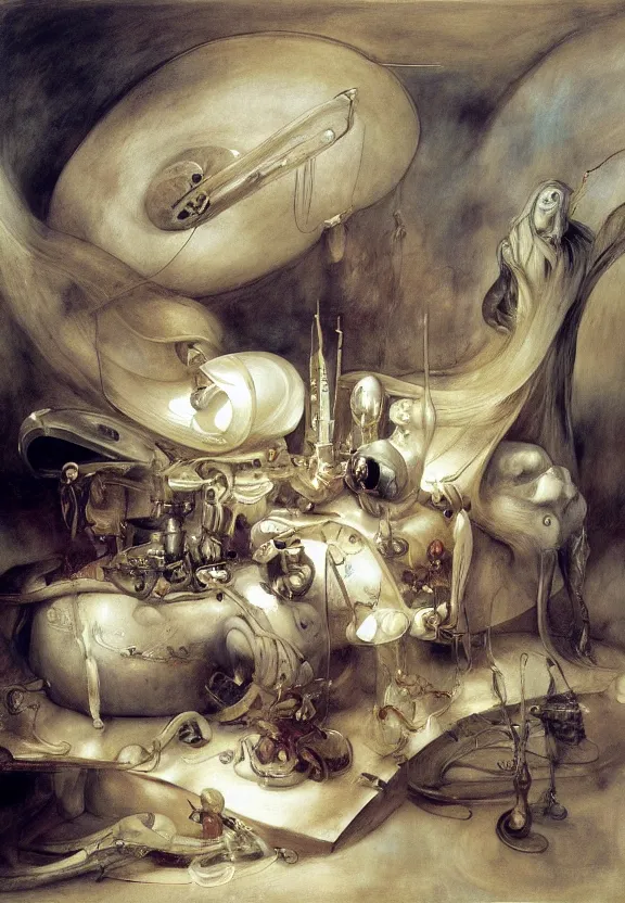 Image similar to soft color medical equipment, whirling, minimalist environment, by hr giger and esao andrews and maria sibylla merian eugene delacroix, thomas moran, pop art