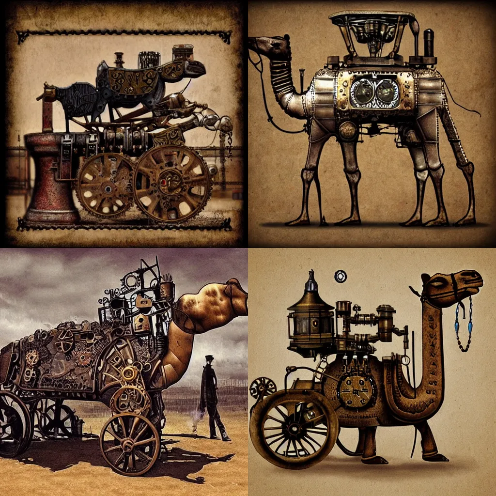 Prompt: steam powered camel, steampunk artwork