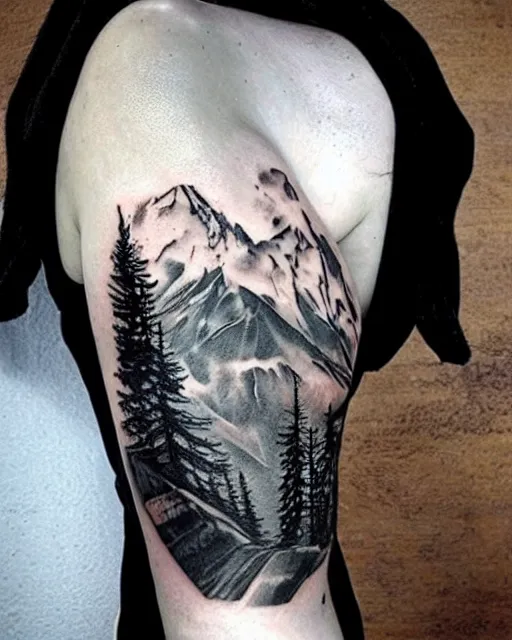 Image similar to double exposure effect tattoo design sketch of megan fox and beautiful mountains, surrealism tattoo, in the style of matteo pasqualin, amazing detail, sharp