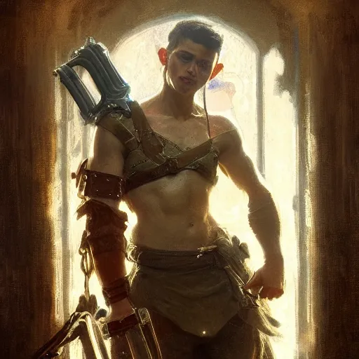 Prompt: handsome portrait of a young guy fitness posing, radiant light, caustics, war hero, breath of the wild, by gaston bussiere, bayard wu, greg rutkowski, giger, maxim verehin