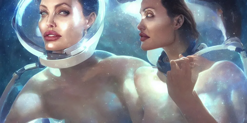 Image similar to Angelina jolie as a futuristic astronaut, underwater in the ocean at night, murky water, volumetric lighting, glowing lights, 4k, octane, digital painting, artstation, concept art, sharp focus, underwater photograph , art by artgerm and greg rutkowski and alphonse mucha , portrait,