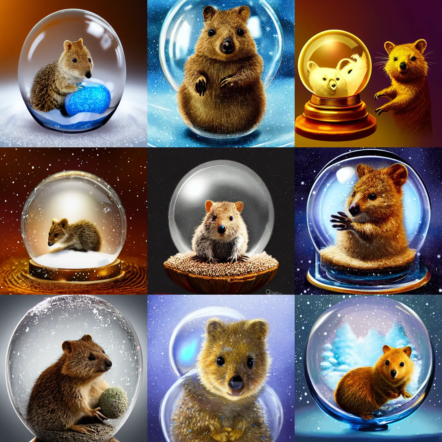 Prompt: photo of a quokka in a snowglobe, intricate, highly detailed, digital painting, artstation, concept art, smooth, sharp focus, illustration, vfx