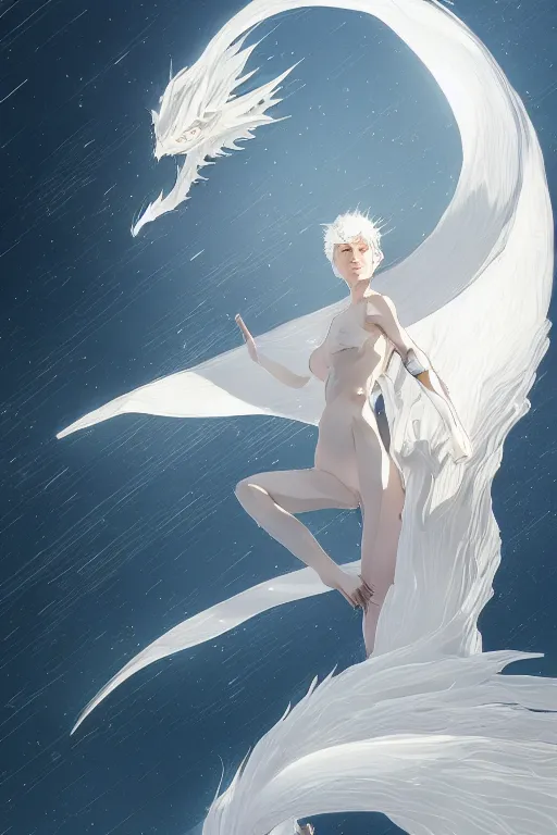 Image similar to vanishing point, white hair eva riding on the white dragon's neck ready to fight, by victo ngai and makoto shinkai, partner, global illumination, radiant light, minimalist, unreal engine 5, concept art ，, digital painting, artstation, smooth, sharp foccus, artstation hq