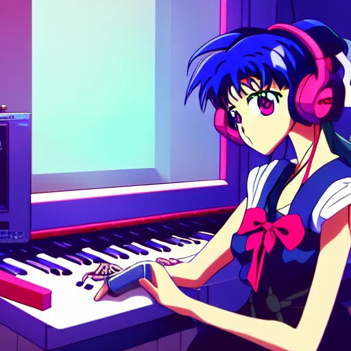 Image similar to An anime character working in their music studio. 90s anime, Sailor Moon, Neon Genesis, official art, flat cell shading, fantastic screenshot art, trending on artstation