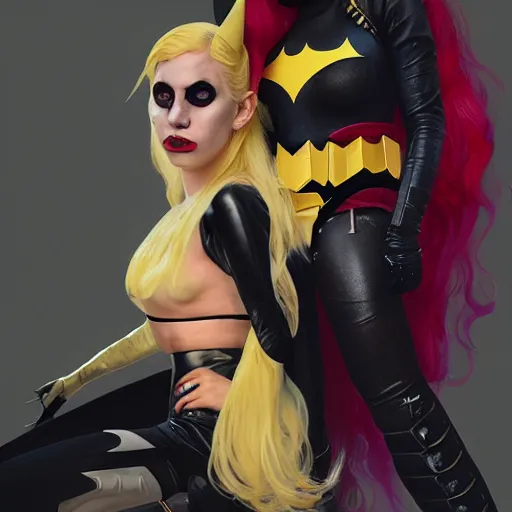 Image similar to a potrait of lady Gaga as Batgirl with Harley Quinn by Greg Rutkowski, Sung Choi, Mitchell Mohrhauser, Maciej Kuciara, Johnson Ting, Maxim Verehin, Peter Konig, Zack Snyder, 8k photorealistic, cinematic lighting, HD, high details, dramatic, trending on artstation, full body shot