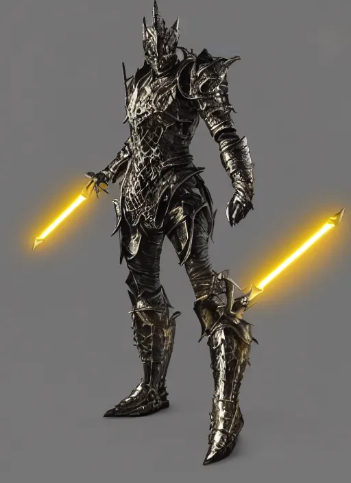 Prompt: a photorealistic 3D render of a full body dark side knight (as an archetypal DnD isekai Demon Lord) wearing armor made of gold and silver, inspired by Elden Ring, unreal engine, octane render, cinematic lighting, a sense of evil, hard surface character concept art, character design, hyper realism, high detail, depth of field, stunning cgsociety, HD, HDR, 4k