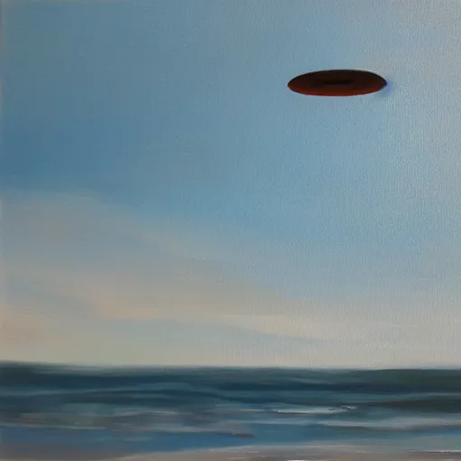 Prompt: a ufo flying close to the water out in the ocean, oil painting, rough waves, mysterious, ambient lighting,