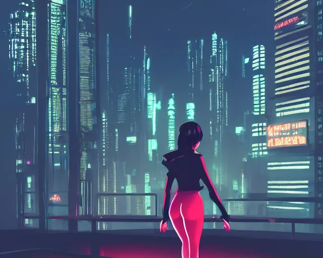 Prompt: a woman standing in front of a city at night, cyberpunk art by ilya kuvshinov, cgsociety, retrofuturism, ilya kuvshinov, artstation hd, artstation hq