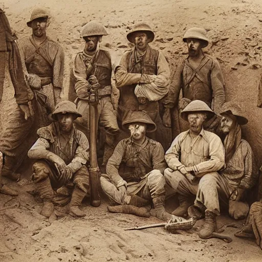 Image similar to ultra detailed photorealistic sepia - toned painting from 1 9 1 7, a small group of british soldiers standing with bedouin traders in traditional arab garb, at an archaeological dig site in wadi rum, ultra realistic, painted, intricate details, lovecraft, atmospheric, dark, horror, brooding, highly detailed, by clyde caldwell