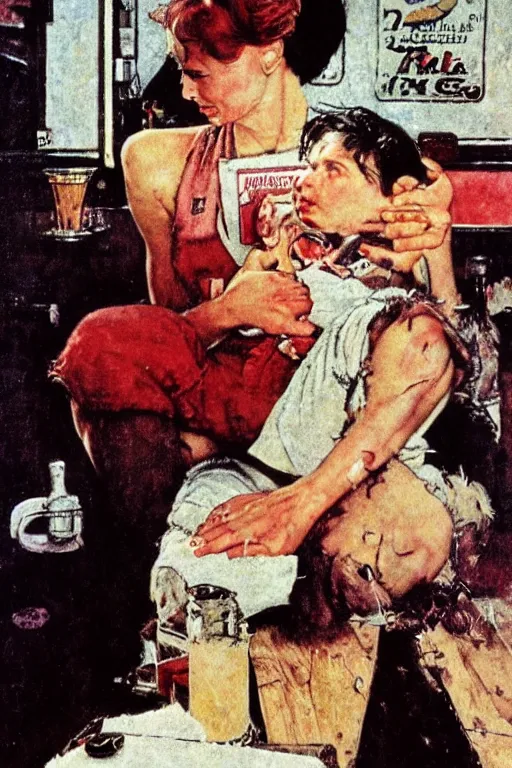 Image similar to Alabama Whitman from True Romance painted by Norman Rockwell