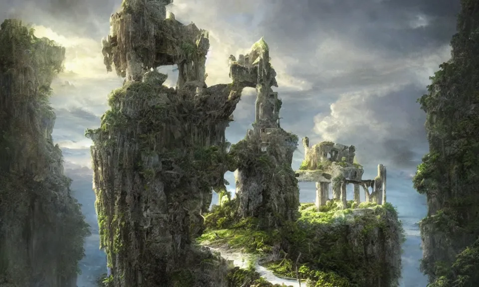 Image similar to a floating island in the stratosphere with the ruins of a small castle and a single suspension bridge leading to it, stunning digital illustration, by james gurney, cinematic lighting, very detailed, mystical, beautiful and mysterious