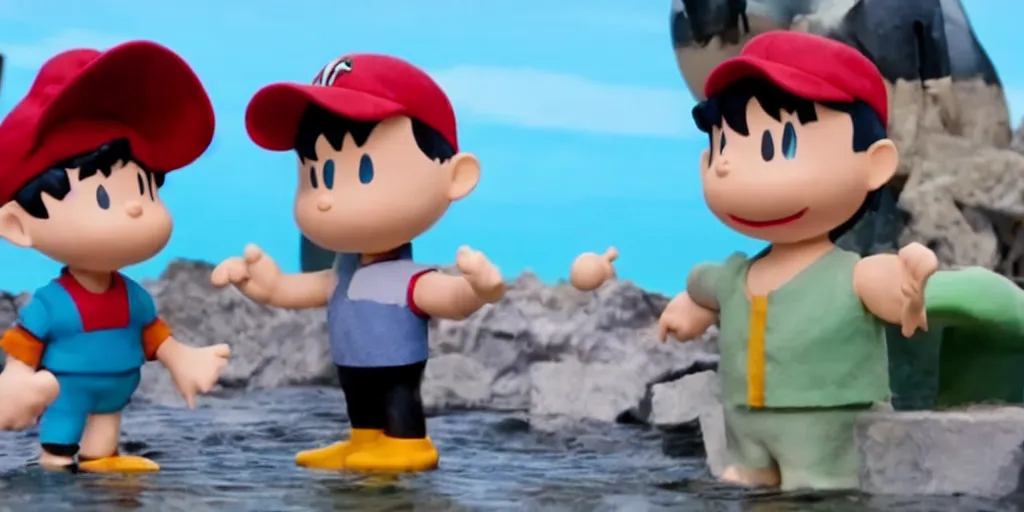 Image similar to Ness from Earthbound and Aquaman fight a giant penguin attacking philadelphia, claymation, detailed