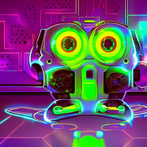 Image similar to a cybertronic duck, robotic, metallic, glowing eyes, neon, high detail