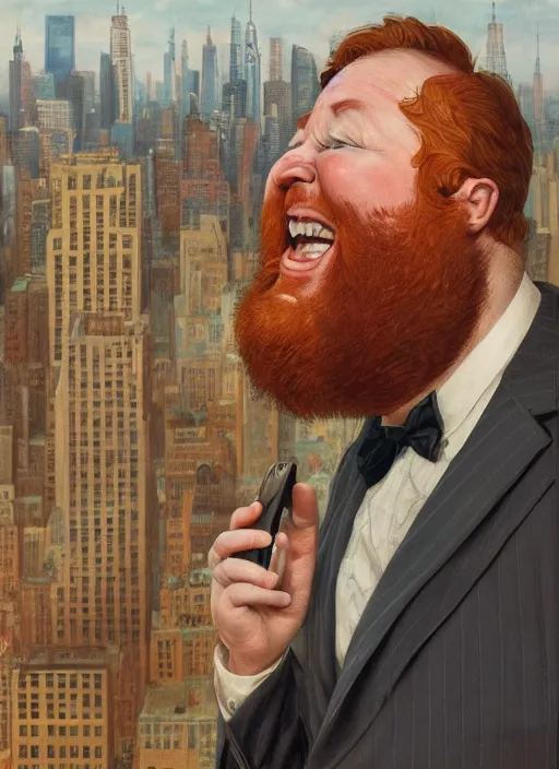 Prompt: a laughing fat redheaded man with beard talking on a cell phone manhattan skyline in the background, portrait, intricate, elegant, highly detailed, centered, digital painting, artstation, concept art, smooth, sharp focus, illustration, art by art germ and donato giancola and Joseph Christian Leyendecker