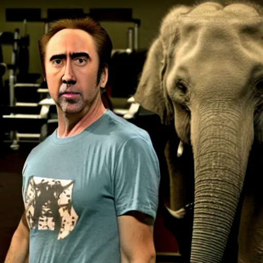 Image similar to nic cage covered in sweat while lifting an elephant