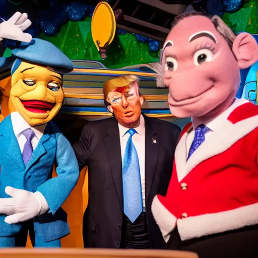 Image similar to donald trump and greg abbott and ron desantis as puppets inside the its a small world ride at disneyland, highly detailed, high definition, ultra realistic