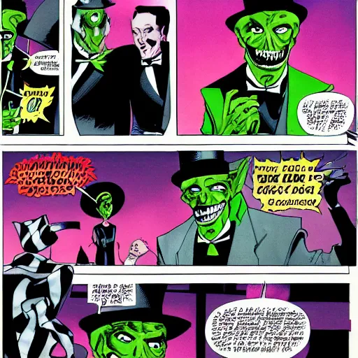 Image similar to tall, skinny, four - armed evil alien voodoo doctor wearing a black neon green tuxedo and top hat, marvel comic book double page